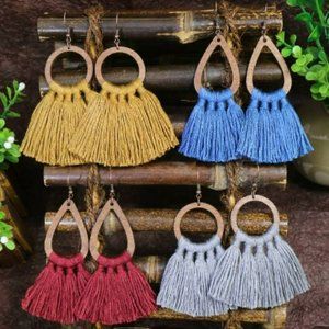 NEW! Lot of 4 Boho Wooden Round Drop Shape‎ Tassel Earrings